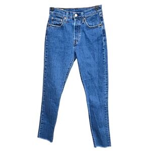Levi's Blue 501 S High Rise Button Fly Raw Hem Premium Big E Jeans Womens 24